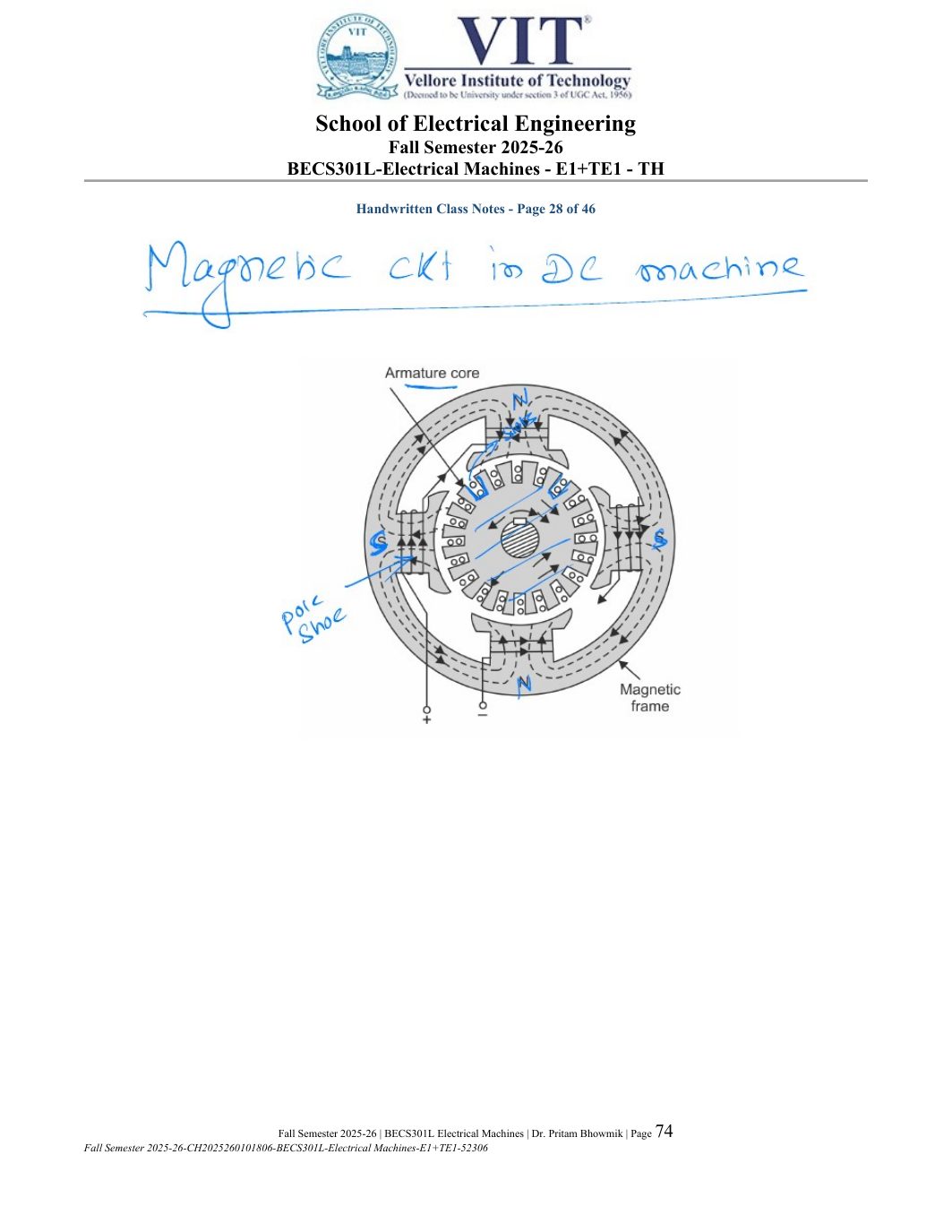 BECS301L Electrical Machines Course File Fall 2025-26 page 74
