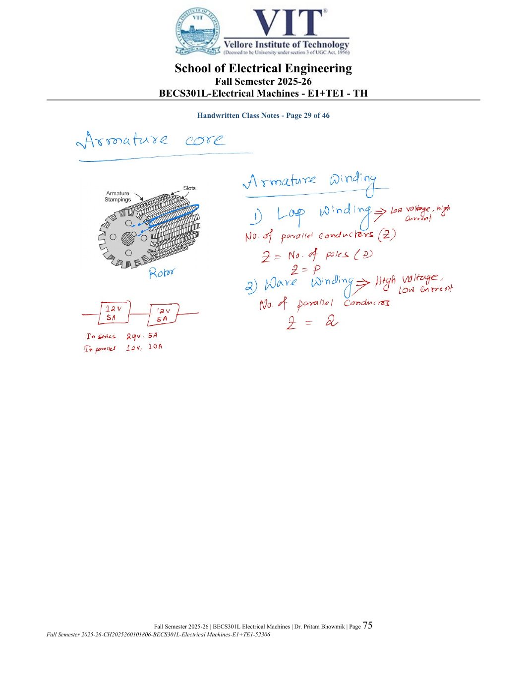 BECS301L Electrical Machines Course File Fall 2025-26 page 75