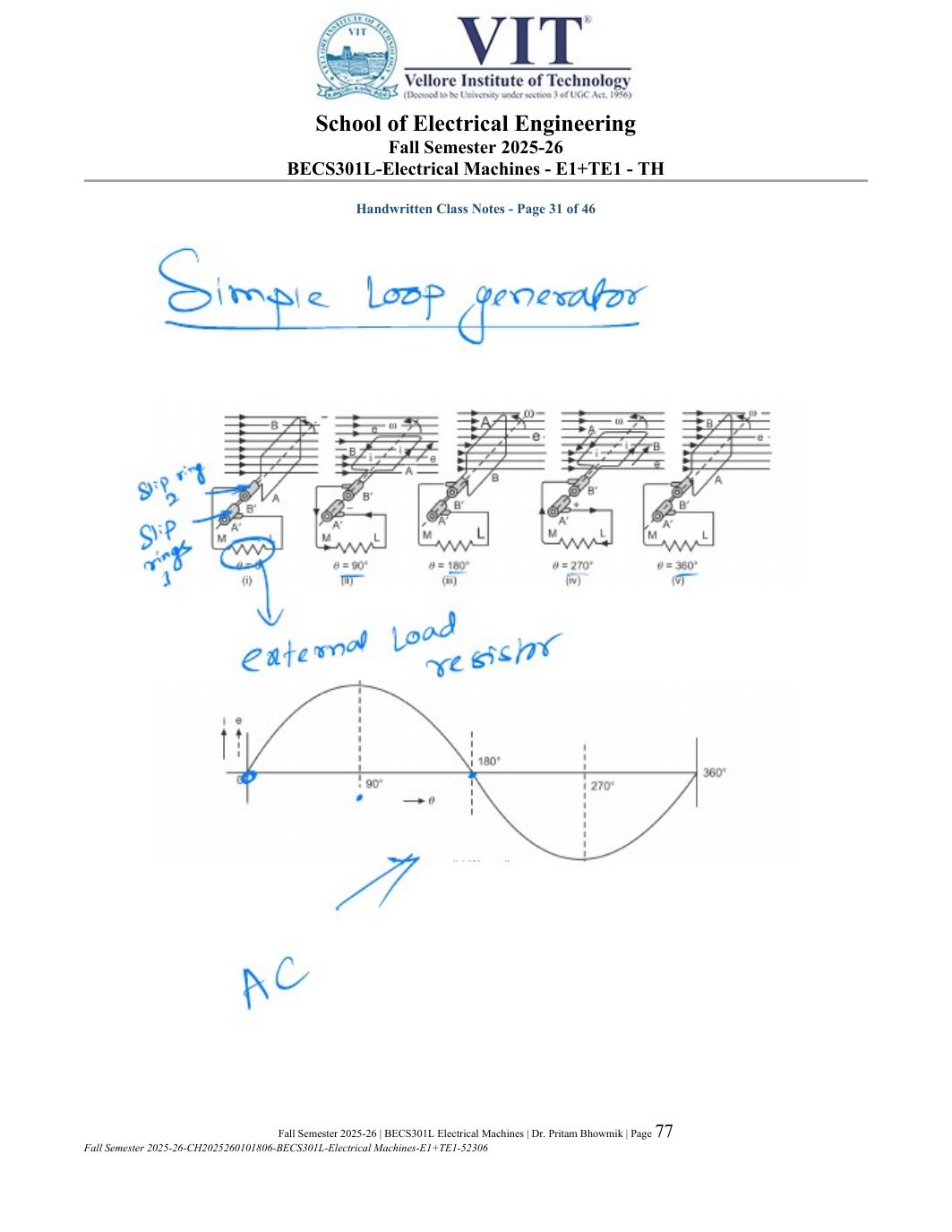 BECS301L Electrical Machines Course File Fall 2025-26 page 77