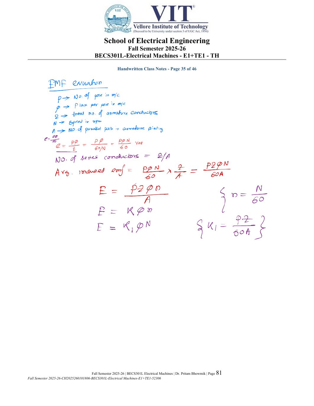 BECS301L Electrical Machines Course File Fall 2025-26 page 81