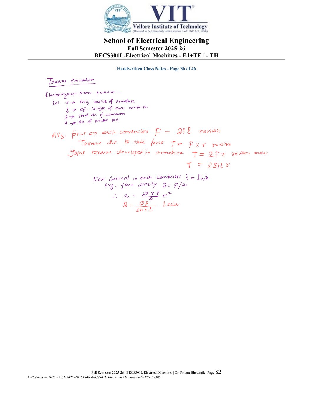 BECS301L Electrical Machines Course File Fall 2025-26 page 82
