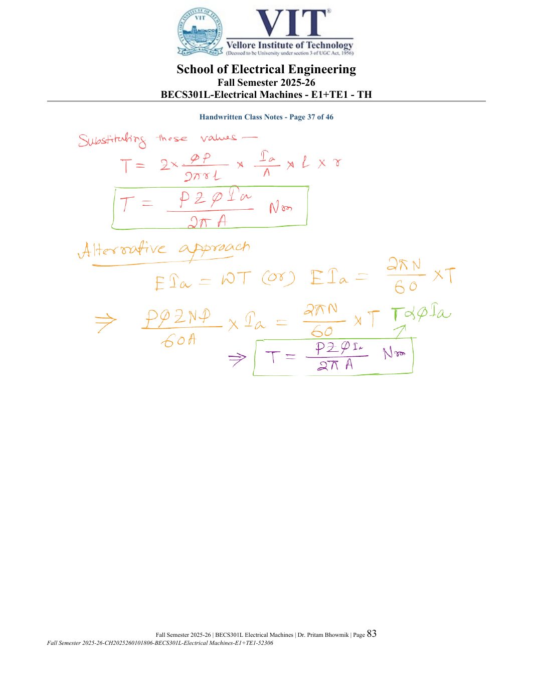 BECS301L Electrical Machines Course File Fall 2025-26 page 83