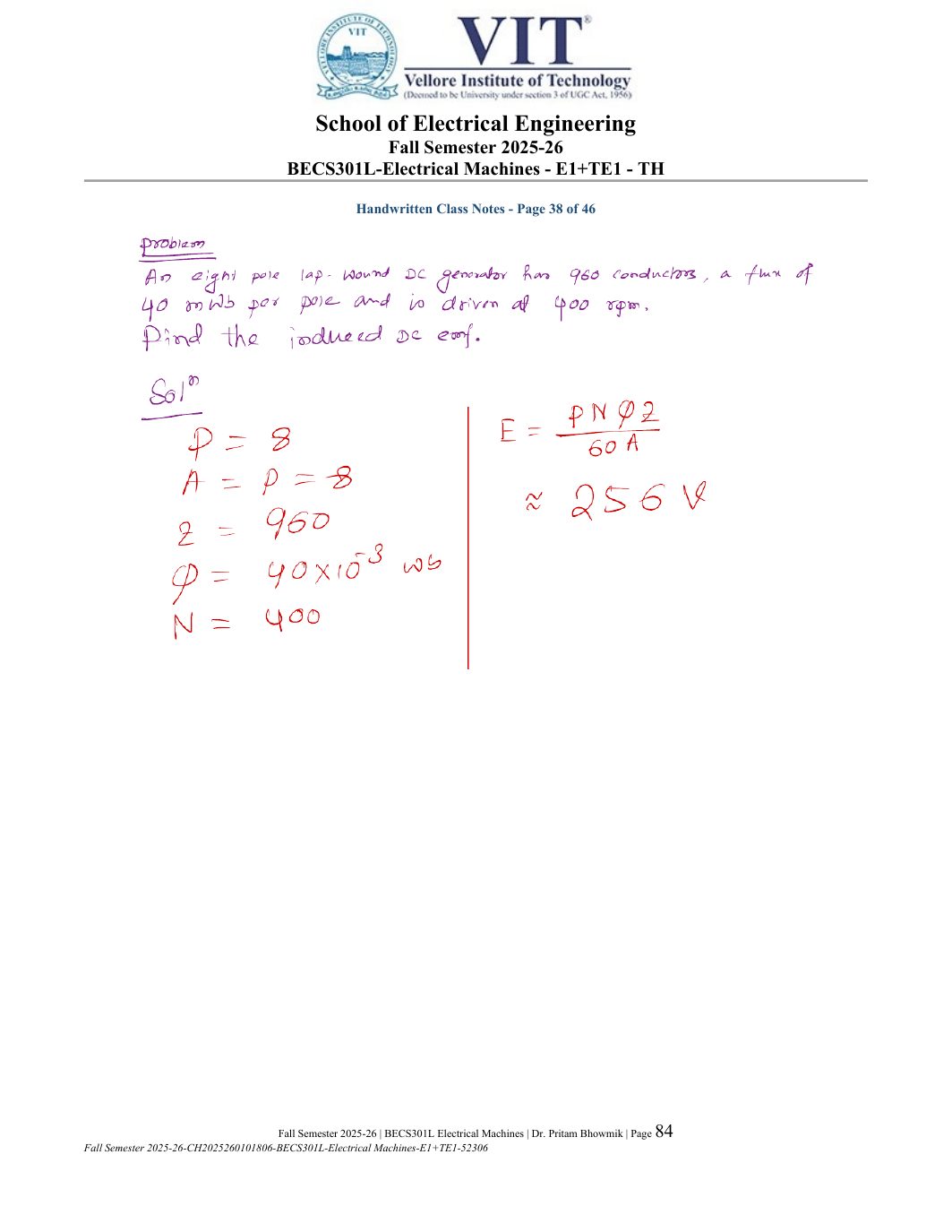 BECS301L Electrical Machines Course File Fall 2025-26 page 84