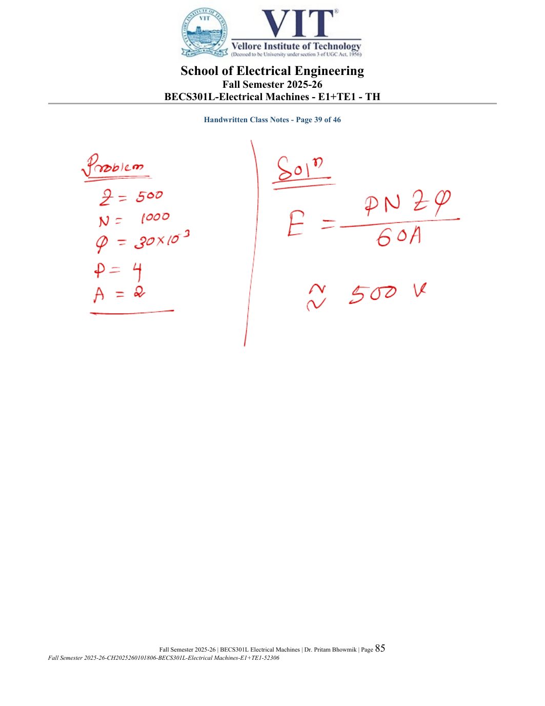 BECS301L Electrical Machines Course File Fall 2025-26 page 85