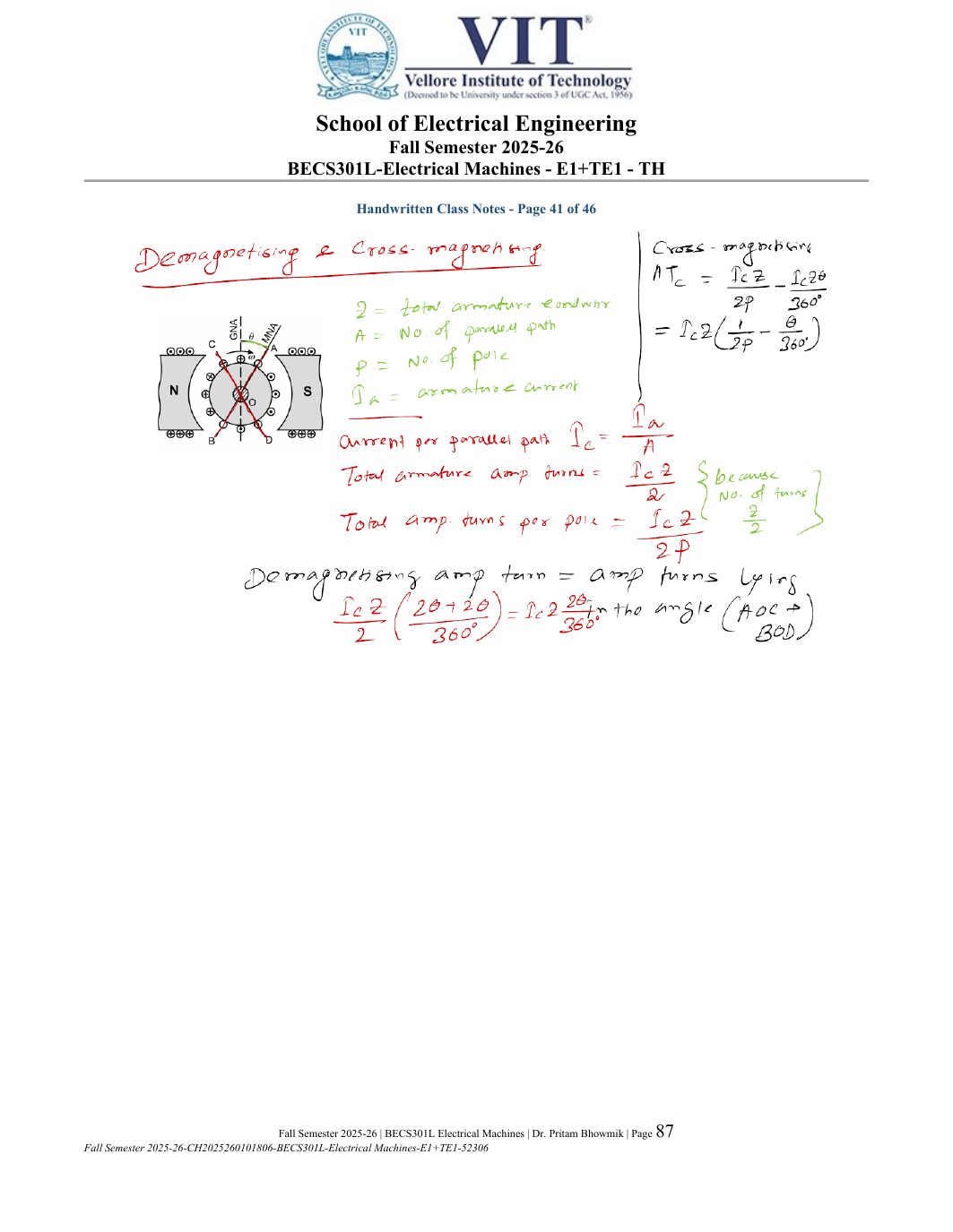 BECS301L Electrical Machines Course File Fall 2025-26 page 87
