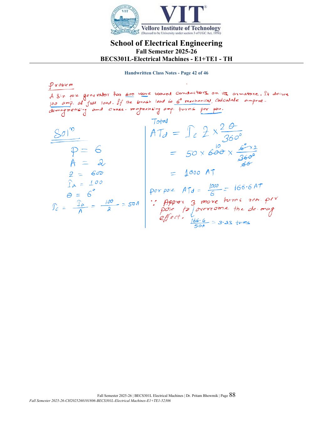 BECS301L Electrical Machines Course File Fall 2025-26 page 88