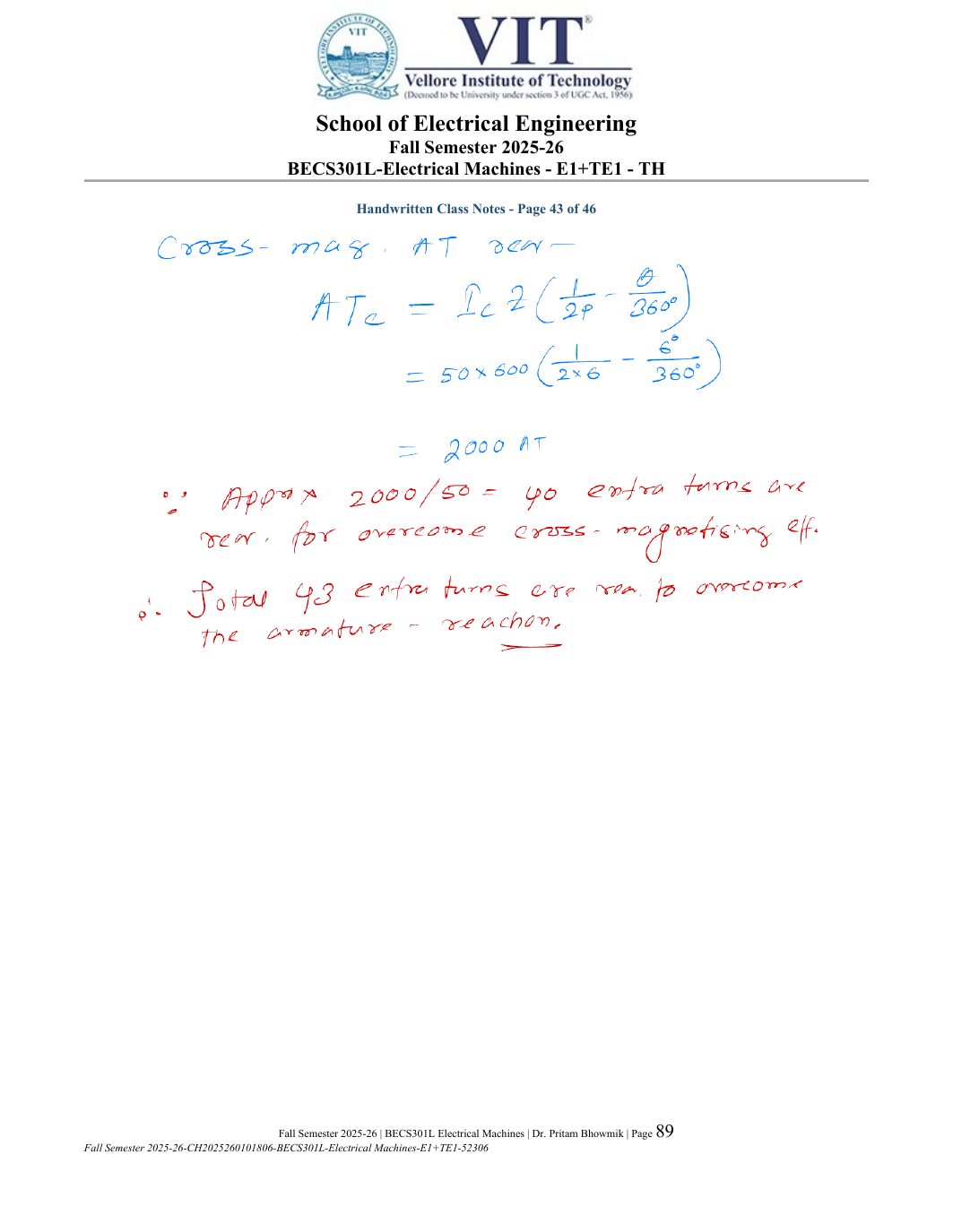 BECS301L Electrical Machines Course File Fall 2025-26 page 89