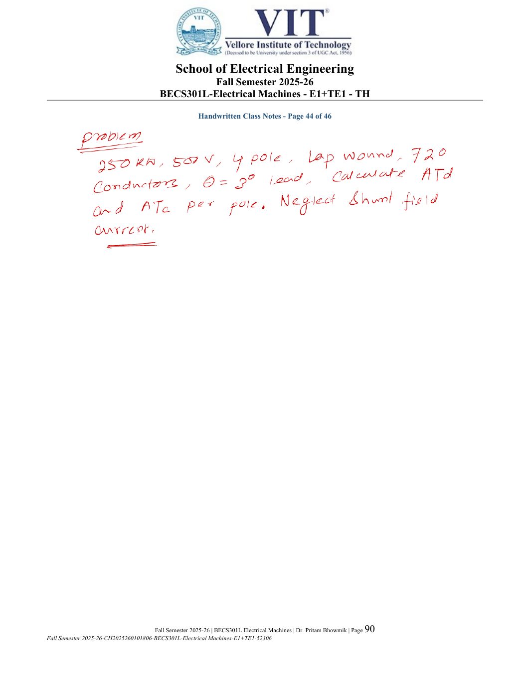 BECS301L Electrical Machines Course File Fall 2025-26 page 90