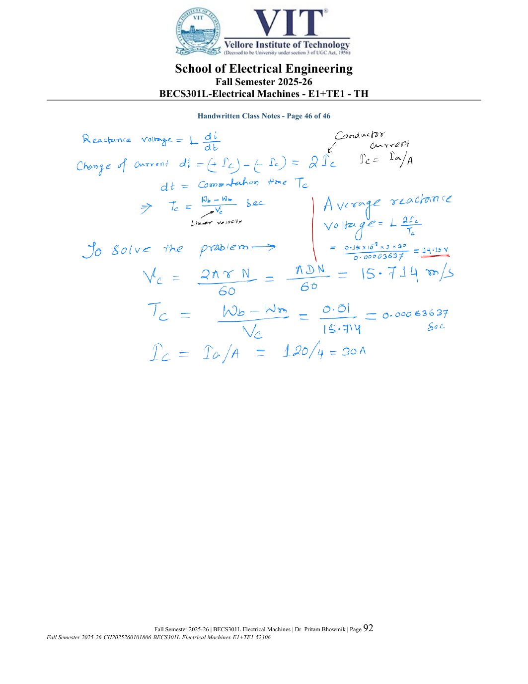 BECS301L Electrical Machines Course File Fall 2025-26 page 92